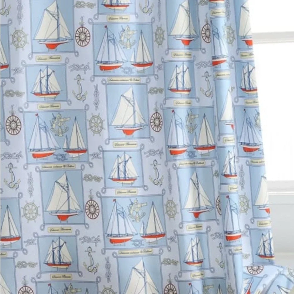 Ocean sea life shower curtain theme schooner sailboat anchor rope knots euc